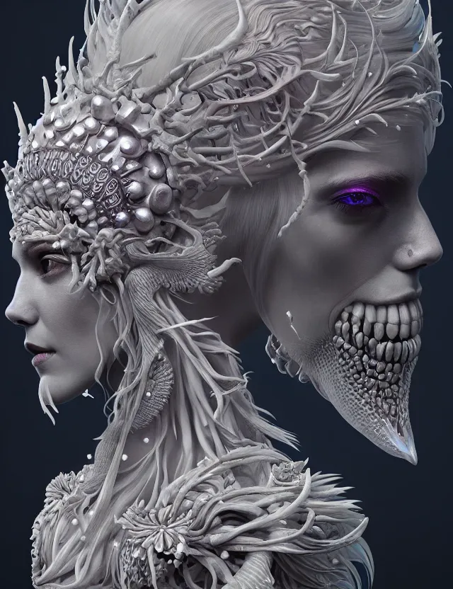 Image similar to symmetrical, centered, zbrush sculpt of goddess close-up portrait wigh crown made of skulls. phoenix betta fish, phoenix, bioluminiscent creature, super intricate ornaments artwork by Tooth Wu and wlop and beeple and greg rutkowski