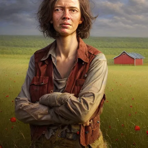 Image similar to full body portrait of a female farmer, untidy hair, highly detailed, dirty face, next to a red barn, digital painting, artstation, concept art, soft focus, depth of field, artgerm, tomasz alen kopera, peter mohrbacher, donato giancola, joseph christian leyendecker, wlop, boris vallejo