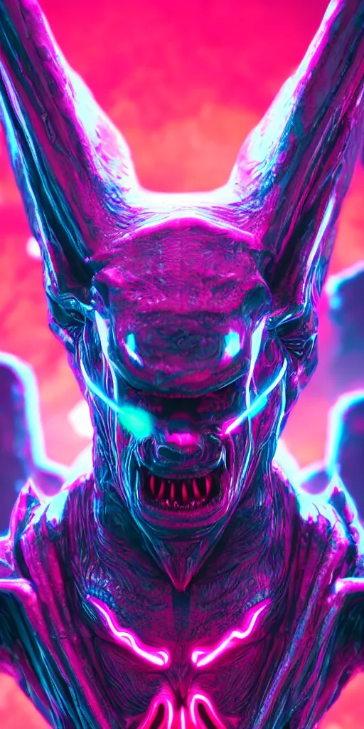 Image similar to synthwave demonic alien face with neon horns, detailed face, sharp focus, synthwave art, aesthetic, octane render, raw, cinematic