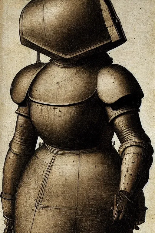 Image similar to a Large robust broad bodied woman wearing a heavy mechanical armor | Leonardo Da Vinci |