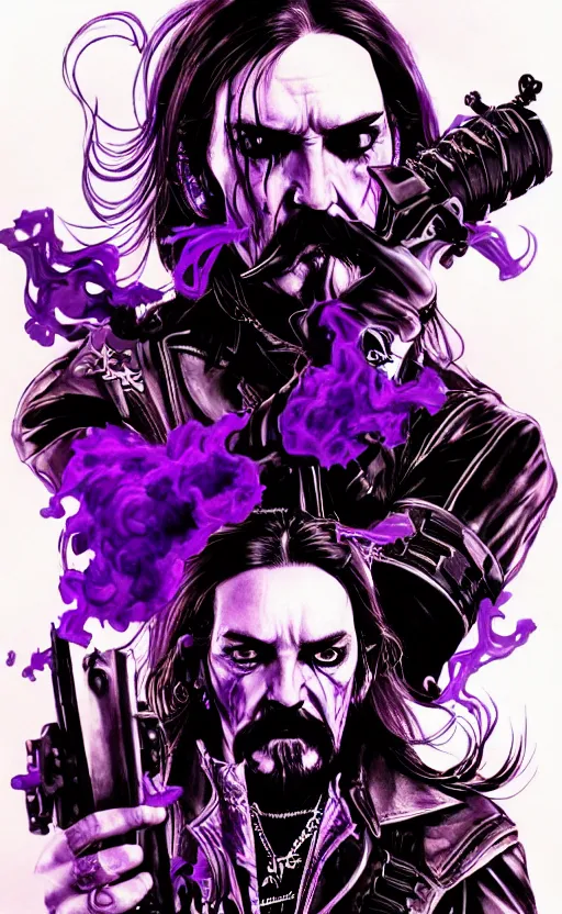 Image similar to full body portrait of lemmy killmeister with a lot of purple smoke!!!, concept art, sumi - e style, intricate linework, artstation, trending, highly detailed, smooth, focus, art by yoji shinkawa and glenn fabry,