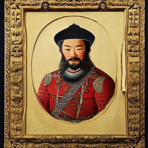 Image similar to a stunning and noble highly detailed romantic period style portrait of Genghis Khan by Josep Tapiró Baró, trending on artstation, oil painting masterpiece, symmetry, fractals, Mongolian iconography