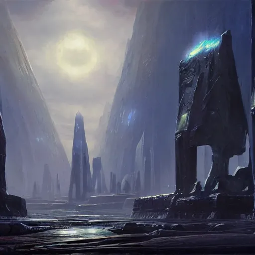 Image similar to pulp fantasy concept art painting of an alien civilisation, sacred monoliths, futuristic, technocracy, shrines, by greg rutkowski and james gurney