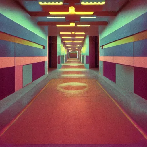 Prompt: noisy color photograph of a retrofuturist liminal space, twisting hallways, minimalist, cinematic, soft vintage glow