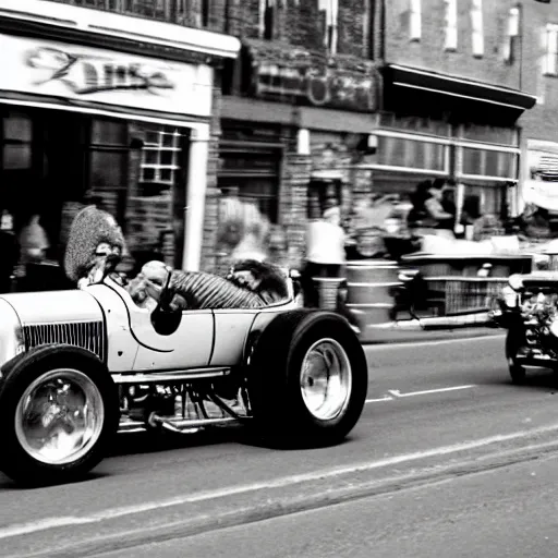 Prompt: badger driving a hot rod down a street photo