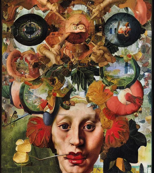 Image similar to an oil painting by arcimboldo, by fra angelico, by botticelli, by norman rockwell, by georgia o keeffe seen through a kaleidoscope, detailed, high resolution, scratches,