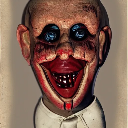 Image similar to high detailed portrait of a bloody ventriloqust dummy, scary, horrifying, creepy