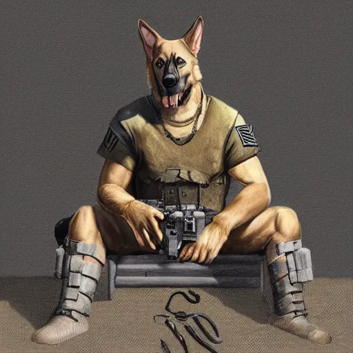 Image similar to a humanoid german shepherd beast - man in military style, sitting on the carpeted floor beside a bed, highly detailed portrait, digital painting, artstation, concept art, smooth, sharp foccus ilustration, artstation