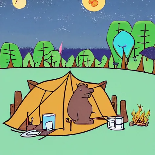 Image similar to capybaras camping on the seaside and one is playing guitar around the fire by yuga labs and by pendleton ward