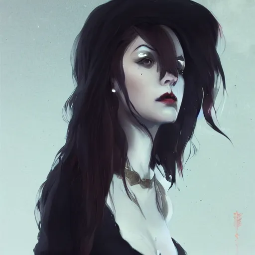 Image similar to female human vampire witch in the style of greg rutkowski, makoto shinkai, trending on artstation, character design, concept art, pretty face, highly detailed, long black hair, portrait, digital art