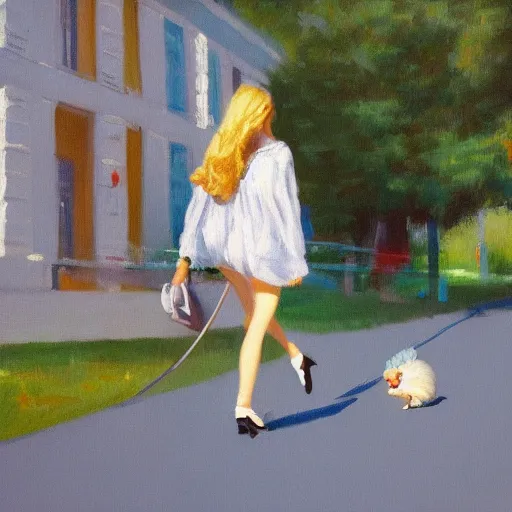 Prompt: a impressionist painting of a cute blonde girl walking on a sunny day, carrying a handbag with a cute pet mouse in it, the grey mouse is peeking out of the handbag. Trending on artstation, wide angle, ultra HD, stunning 8k resolution