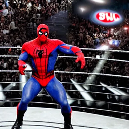 Image similar to dwayne johnson entering entrances of wwe as spiderman