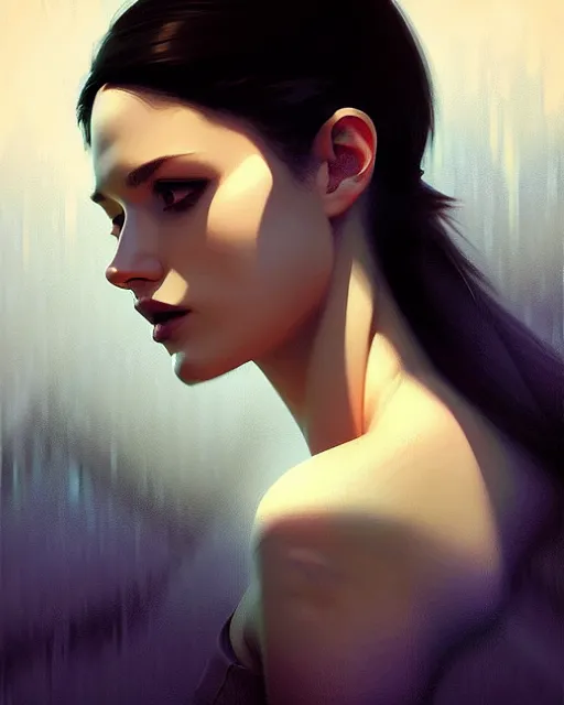 Image similar to stylized portrait of an artistic pose, composition, dark mysterious young lady, cinematic moody colors, one single head, realistic shaded, fine details, realistic shaded lighting poster by ilya kuvshinov, magali villeneuve, artgerm, jeremy lipkin and michael garmash and rob rey