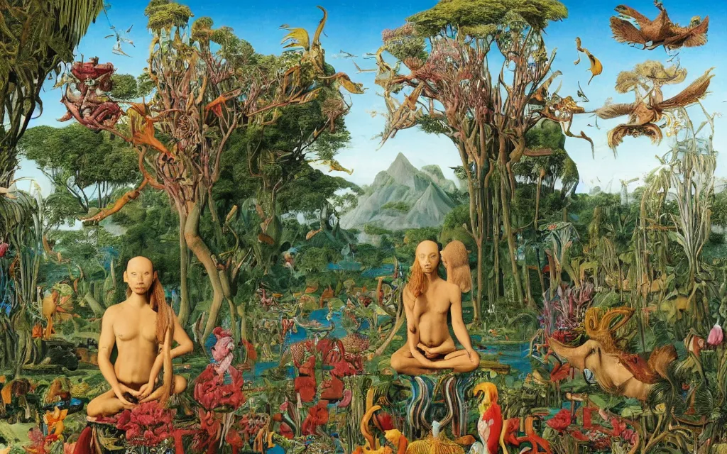 Image similar to a portrait photograph of a meditating sphinx and a centaur king riding birds and hugging tropical animals at a river delta. surrounded by bulbous flowers, animals and trees. mountain range under a blue sky of burning stars. painted by jan van eyck, max ernst, ernst haeckel and ernst fuchs, cgsociety, artstation, fashion editorial, 8 k