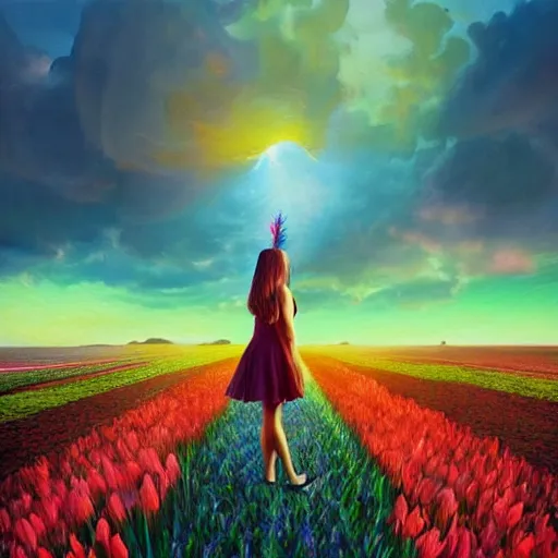 Image similar to giant gladiola flower as head, full body girl standing in a flower field, surreal photography, sunrise, dramatic light, impressionist painting, colorful clouds, digital painting, artstation, simon stalenhag