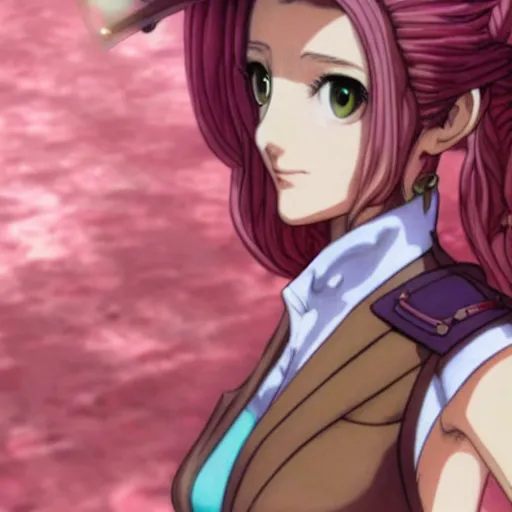 Image similar to aerith gainsborough in jojos bizarre adventure, high quality