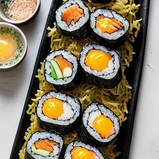 Image similar to toasted seaweed wrapped around sushi rice, filled with smoked salmon and free range eggs, 8 k resolution, food photography, studio lighting, sharp focus, hyper - detailed