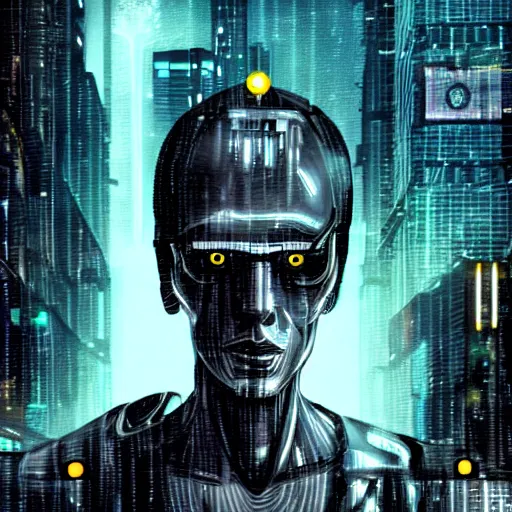 Prompt: a menacing cyborg, in the style of bladerunner movie. cyberpunk.