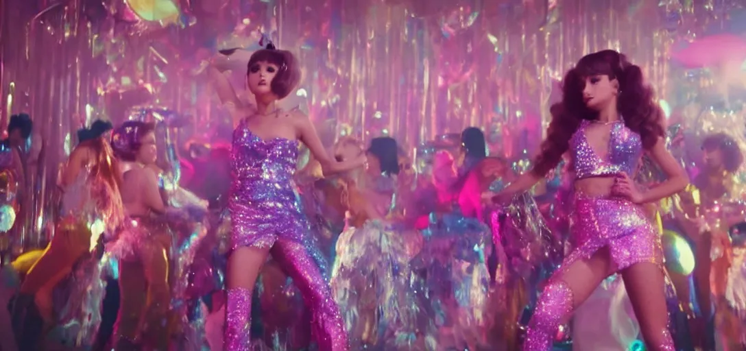 Image similar to cinematic movie still of ariana grande as a 1 9 7 0 s disco queen, 8 k hdr, action shot, movie still, hazy vibes, acid trip, fear and loathing