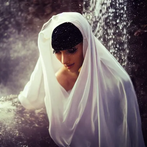 Image similar to beautiful Arab woman, white transparent veil black hair, bathing in a waterfall, ethereal, emotive, fine art, water mist, mystical, Romanticism, golden light