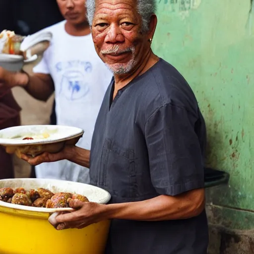 Image similar to morgan freeman as bakso seller