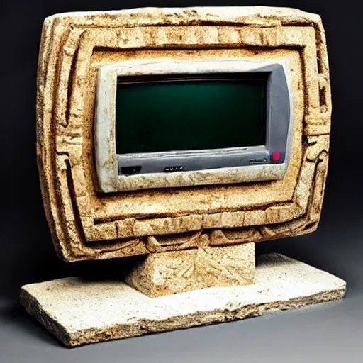 Prompt: a retro crt television carved from stone, ttelevision made by ancient taino and aztec