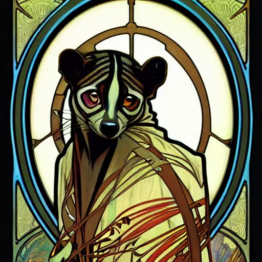 Prompt: An african civet by Alphonse Mucha, and Julie Dillon. Photorealistic. Art nouveau. Incredibly Beautiful.