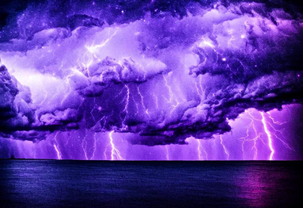 Prompt: purple color lighting storm with stormy sea, pirate ship firing its cannons trippy nebula sky with dramatic clouds 50mm shot fear and loathing movie