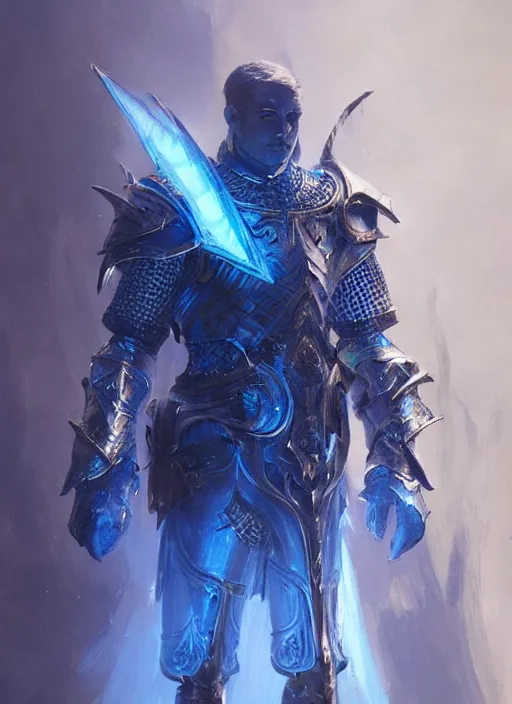 Image similar to a knight in amazing fantasy armor that glows, bursting with blue light, sleek, lightweight but imposing, light glowing from the seams. intricate and ornate. concept art from artstation. beautiful highly detailed fantasy painting by greg rutkowski