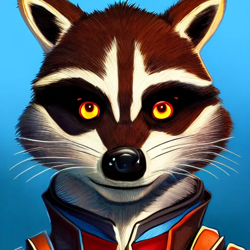 Prompt: rocket raccoon from guardians of the galaxy, portrait, digital painting, artstation