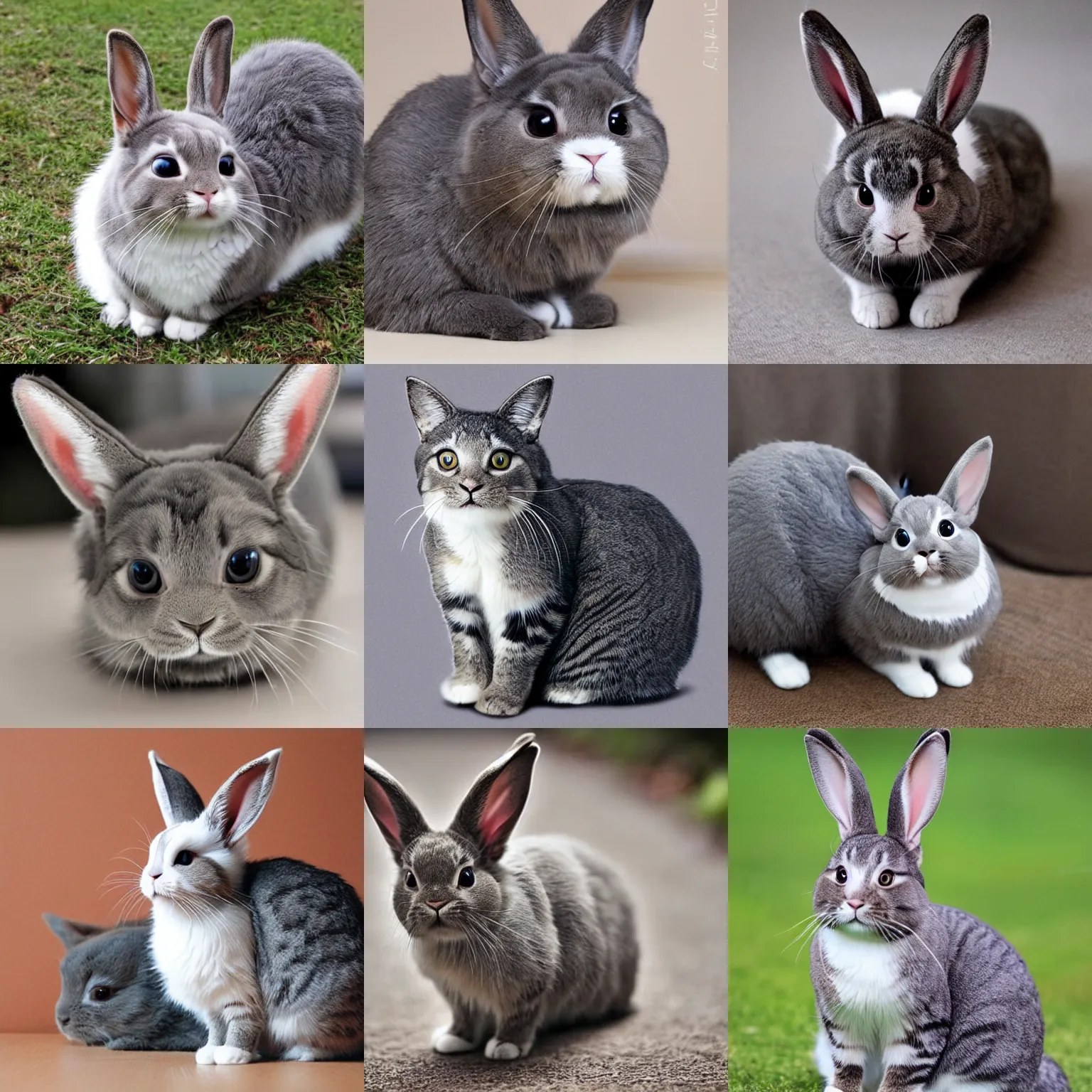 Prompt: a bunny cat - a cat combined / merged with a rabbit, grey