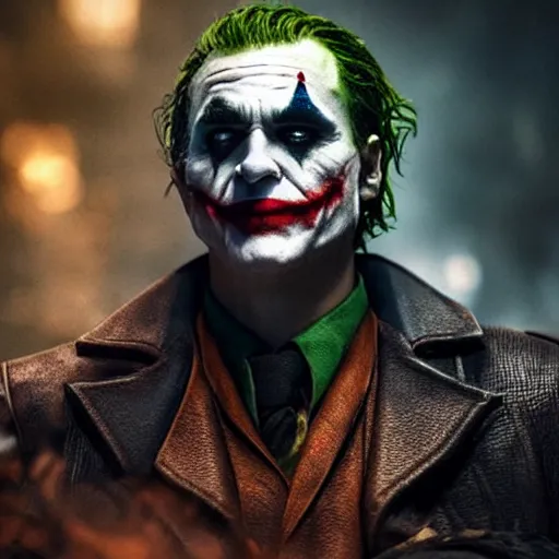 Image similar to the joker 2 0 1 9 in gears of war, splash art, movie still, detailed face, photorealistic facial features, cinematic lighting, dramatic, octane render, long lens, shallow depth of field, bokeh, anamorphic lens flare, 8 k, hyper detailed, 3 5 mm film grain