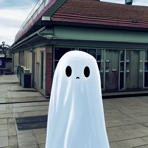 Image similar to a scary looking but very friendly transparent ghost at a train station in the style of a ghibli movie