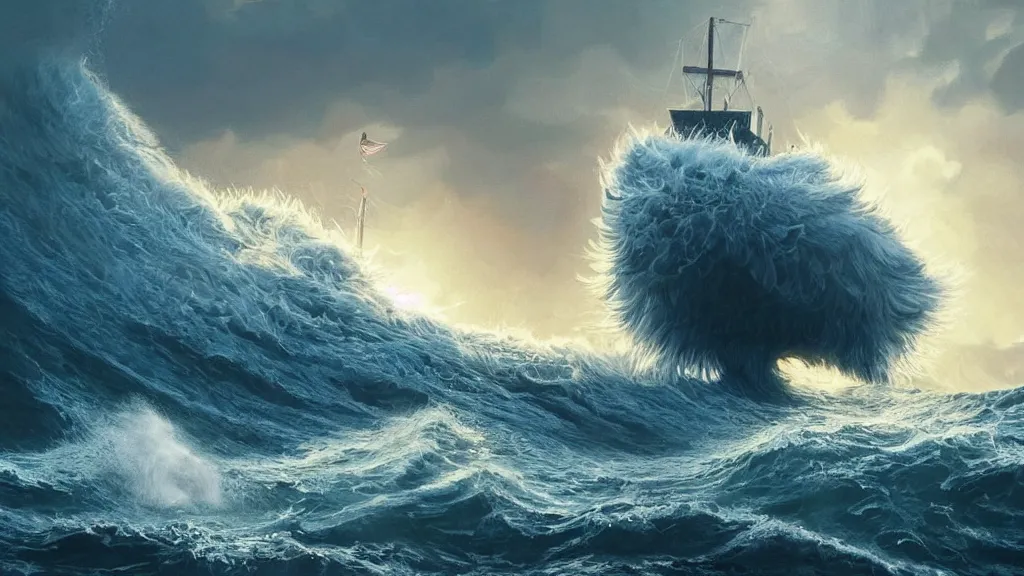 Image similar to a gigantic cat bursting out of a stormy sea attacking a small sail boat, wet fur, giant waves, sunbeams in background, intricate, detailed, volumetric lighting, sharp focus, scenery, photorealism, digital painting, highly detailed, concept art, by simon stalenhag and mark brooks