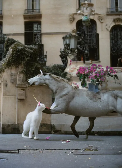 Image similar to a unicorn in paris sneezing a cat out of its horn, canon 5 d 5 0 mm lens kodachrome