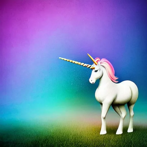 Image similar to an ultra high definition pastel coloured wildlife photograph of a magic unicorn with a glittery magic horn eating an ice cream in a magical field. refraction, volumetric lighting iridescence.