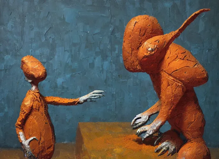 Image similar to an impasto painting by shaun tan and dan mcpharlin of a forgotten creature sculpture by the caretaker and ivan seal,