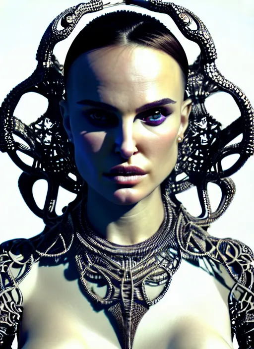Prompt: bust of an absurdly beautiful, graceful, sophisticated, fashionable futuristic woman, facial piercings, natalie portman, heavy body modification, implants, prosthetics, hyperdetailed by popovy sisters, intricate linework, white porcelain skin, faberge, intricate chrome headdress, dark atmosphere, unreal engine 5 highly rendered, global illumination, radiant light, detailed and intricate environment