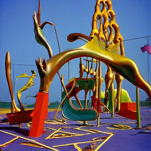 Prompt: playground by salvador dali, art installation, colour photograph