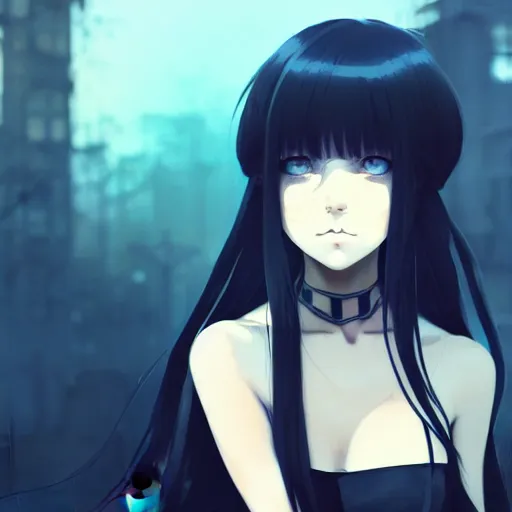 Image similar to two amber colored eyes, long blue - haired girl, bangs, gothic, anime character, noir, screenshot, anime, sharp focus, intricate, illustration, cell shaded, digital painting, highly detailed, concept art, matte, art by ilya kuvshinov, wlop, greg rutkowski, studio quality, james jean, artem demura