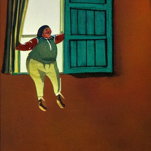 Image similar to a modeen etchine art work of a fat old woman flying trough the window into the kitchen. funny scene