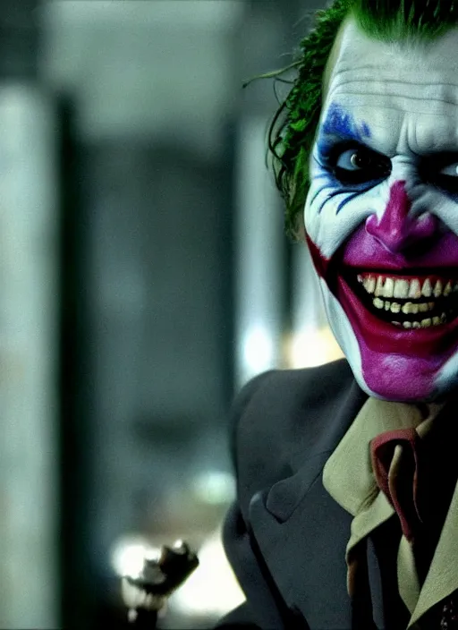 Image similar to film still of Johnny Depp as The Joker in The Dark Knight, 4k