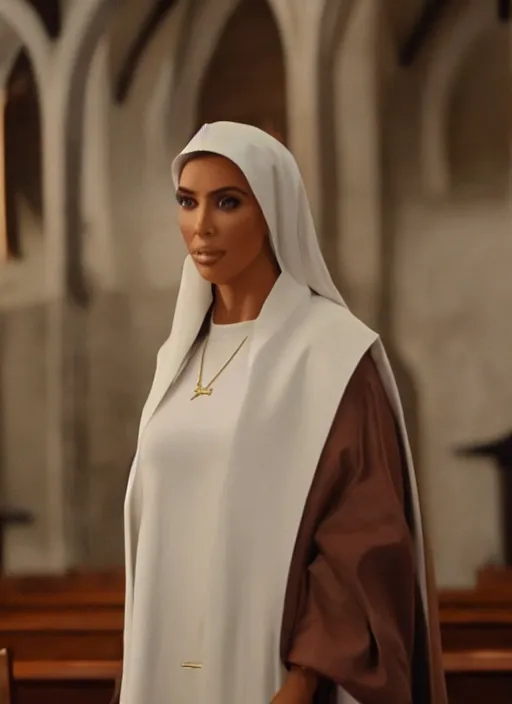 Image similar to a film still of kim kardashian as a nun with her bust slightly exposed. backround : church interior