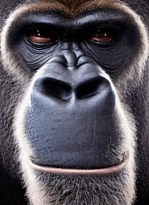 Image similar to platon closeup photograph of harambe in a suit, photorealistic, studio lighting, ektachrome, detailed, intricate, face detail