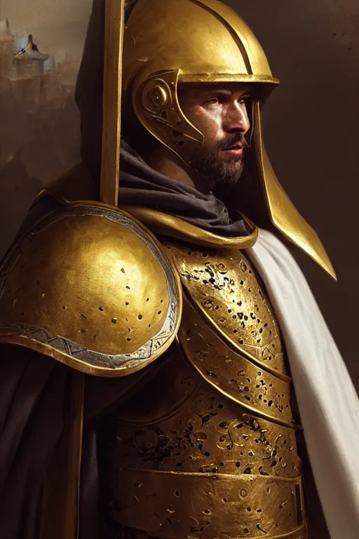 Prompt: man in decorated with gold baroque style christian crusader armor, helmet hiding his face and white cape standing at the gates of jerusalem drawn by greg rutkowski realistic high detail