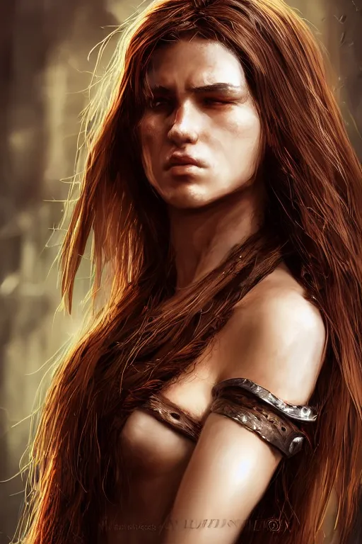 Image similar to head and shoulders focus portrait of a barbarian female high quality focus by wlop