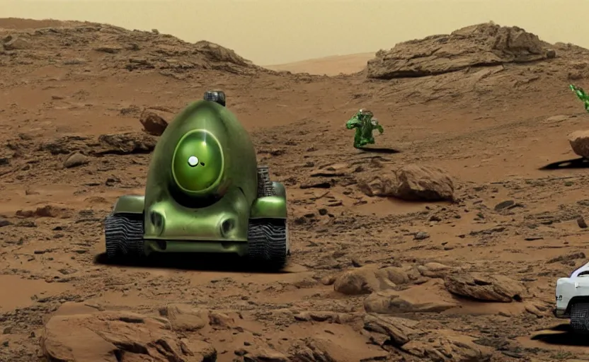 Image similar to on mars, two green alien Martians are hiding behind rocks, a white nasa rover rolls around, funny matte painting in the style of James Gurney