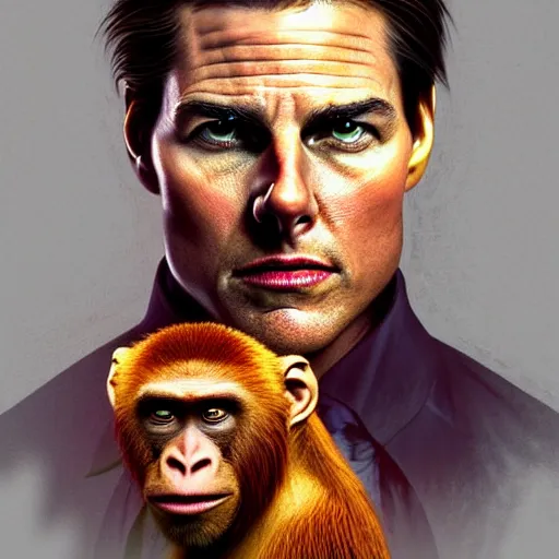 Image similar to africa, beautiful portrait of a very funny actor tom cruise playing with ginger red big monkey, face like monkey, emma watson actress blended monkey face, ape, powerful, dramatic lighting, intricate, wild, highly detailed, digital painting, cinematic, artstation, concept art, sharp edges and focus, illustration, art by artgerm and greg rutkowski and alphonse mucha