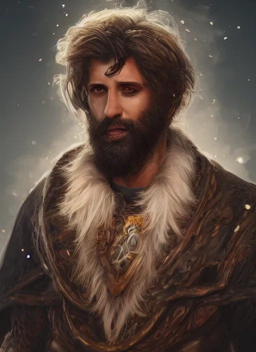 Image similar to an epic fantastic realism comic book style portrait painting of an aasimar warlock, male, shaggy hair, short brown beard, d & d concept art, unreal 5, daz, petrol aesthetic, octane render, cosplay, rpg portrait, dynamic lighting