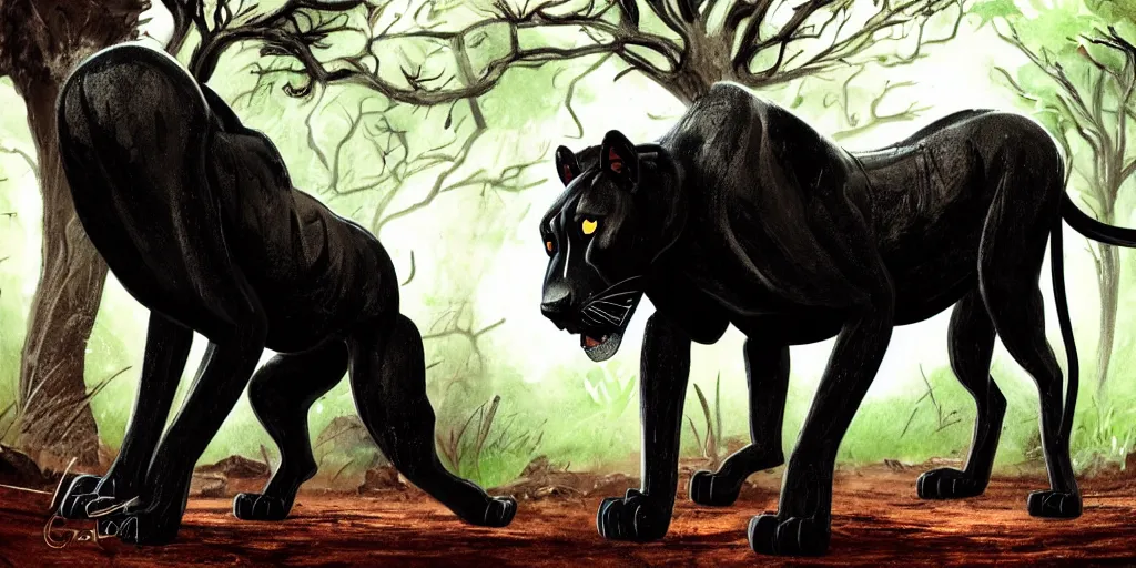 Image similar to a black lioness, made of smooth black goo, prowling through the forest, viscous, sticky, full of tar, covered with black goo. concept art, realism, animal drawing, color, savanna, wildlife photography, black goo, cinematic, in the style of cory loftis